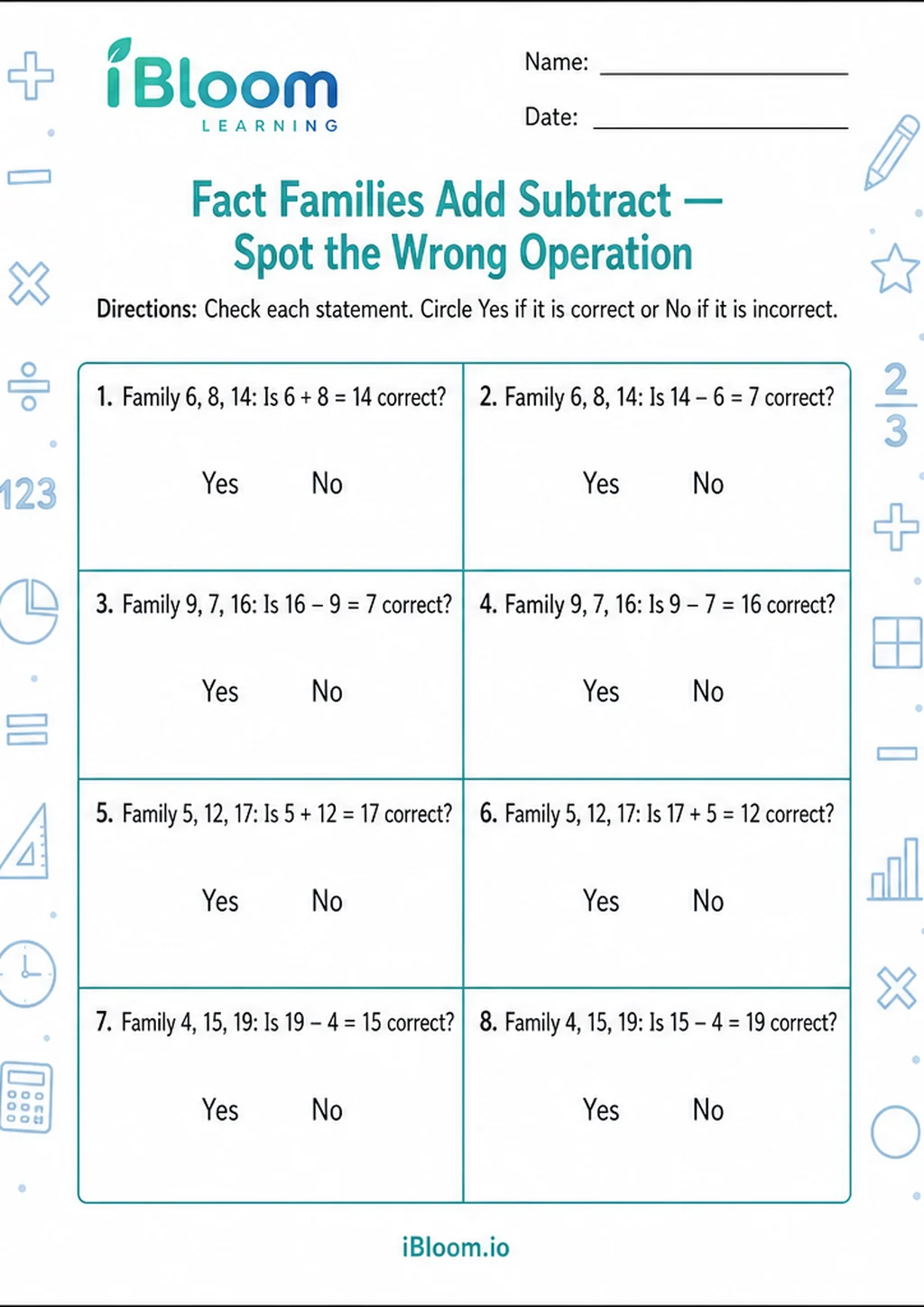 Preview page 1 of Fact Families Add Subtract — Spot the Wrong Operation