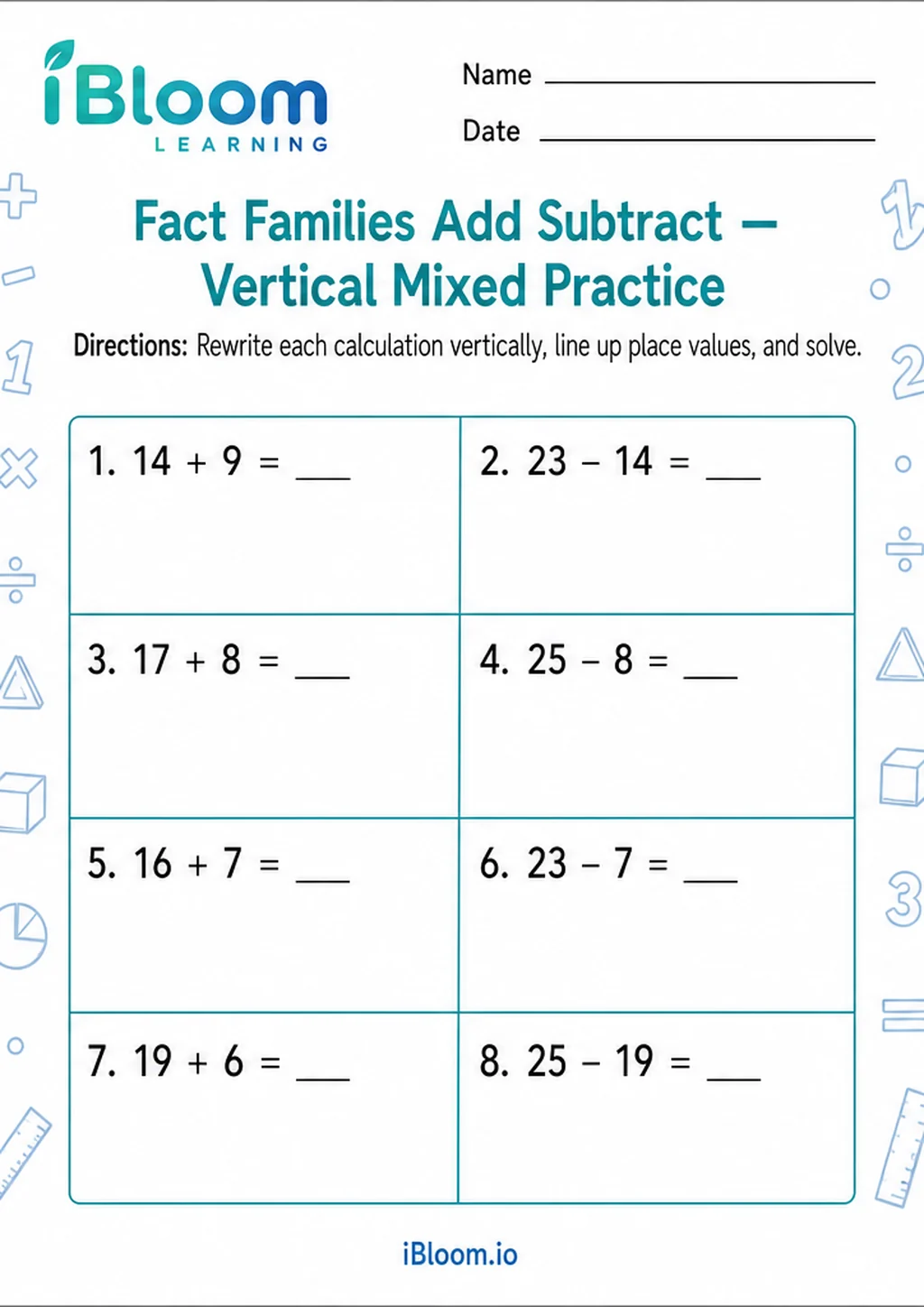 Preview of Fact Families Add Subtract — Vertical Mixed Practice worksheet