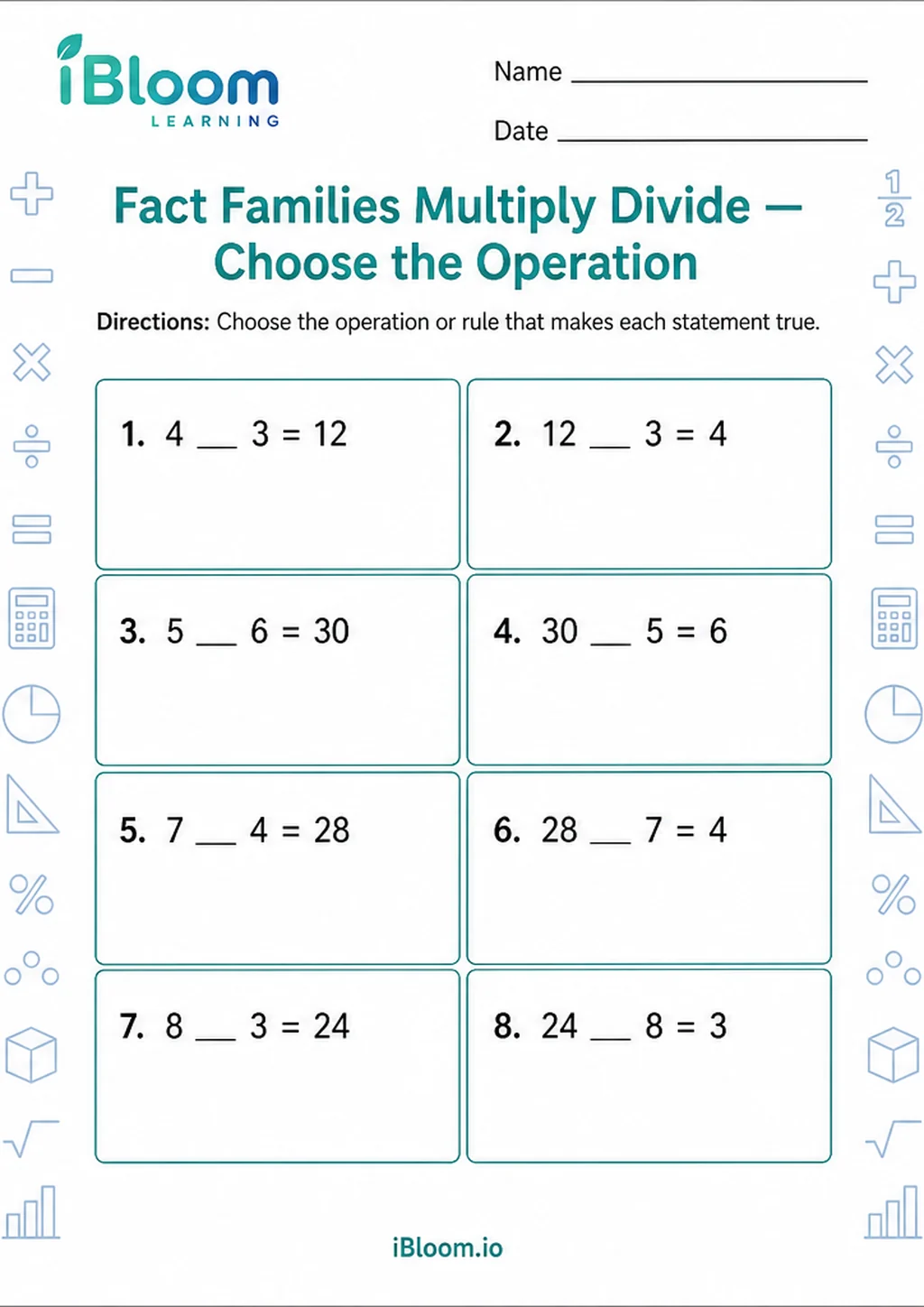 Preview page 1 of Fact Families Multiply Divide — Choose the Operation