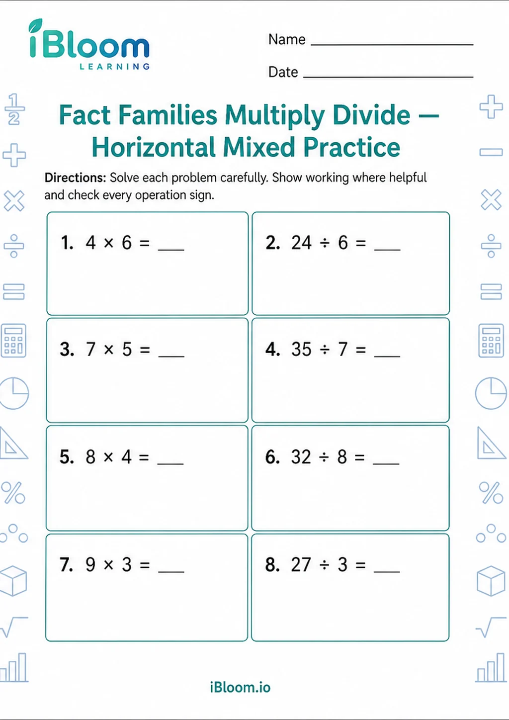 Preview of Fact Families Multiply Divide — Horizontal Mixed Practice worksheet