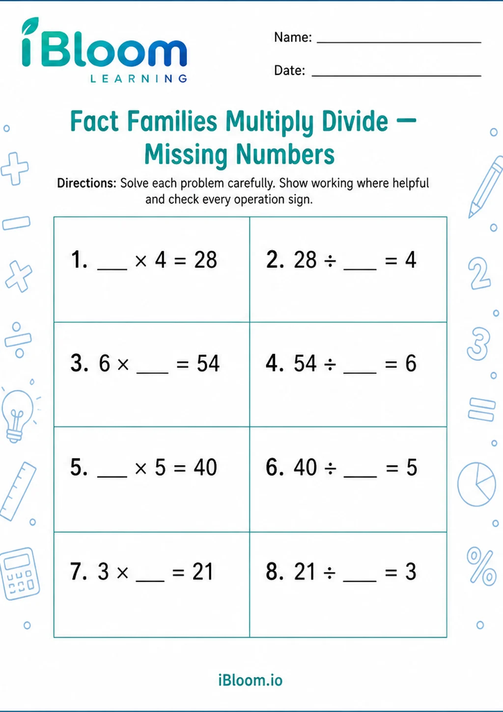 Preview page 1 of Fact Families Multiply Divide — Missing Numbers