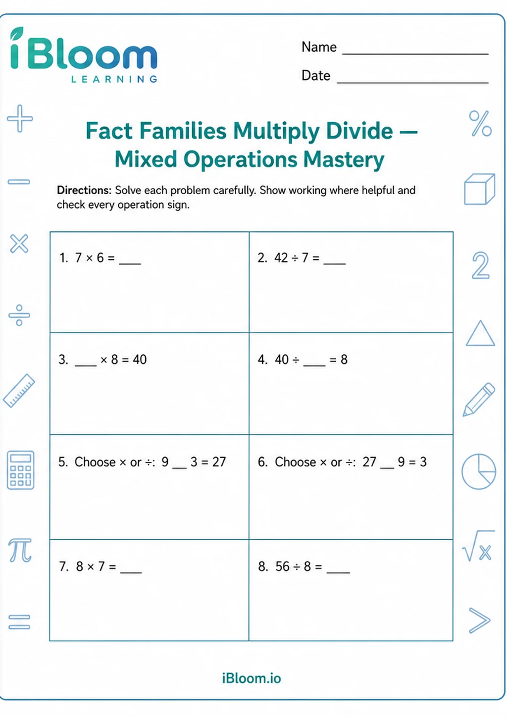 Preview page 1 of Fact Families Multiply Divide — Mixed Operations Mastery