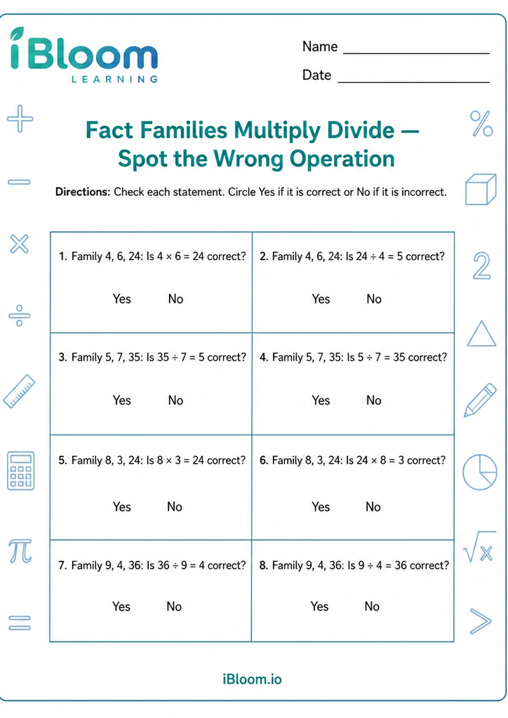 Preview of Fact Families Multiply Divide — Spot the Wrong Operation worksheet