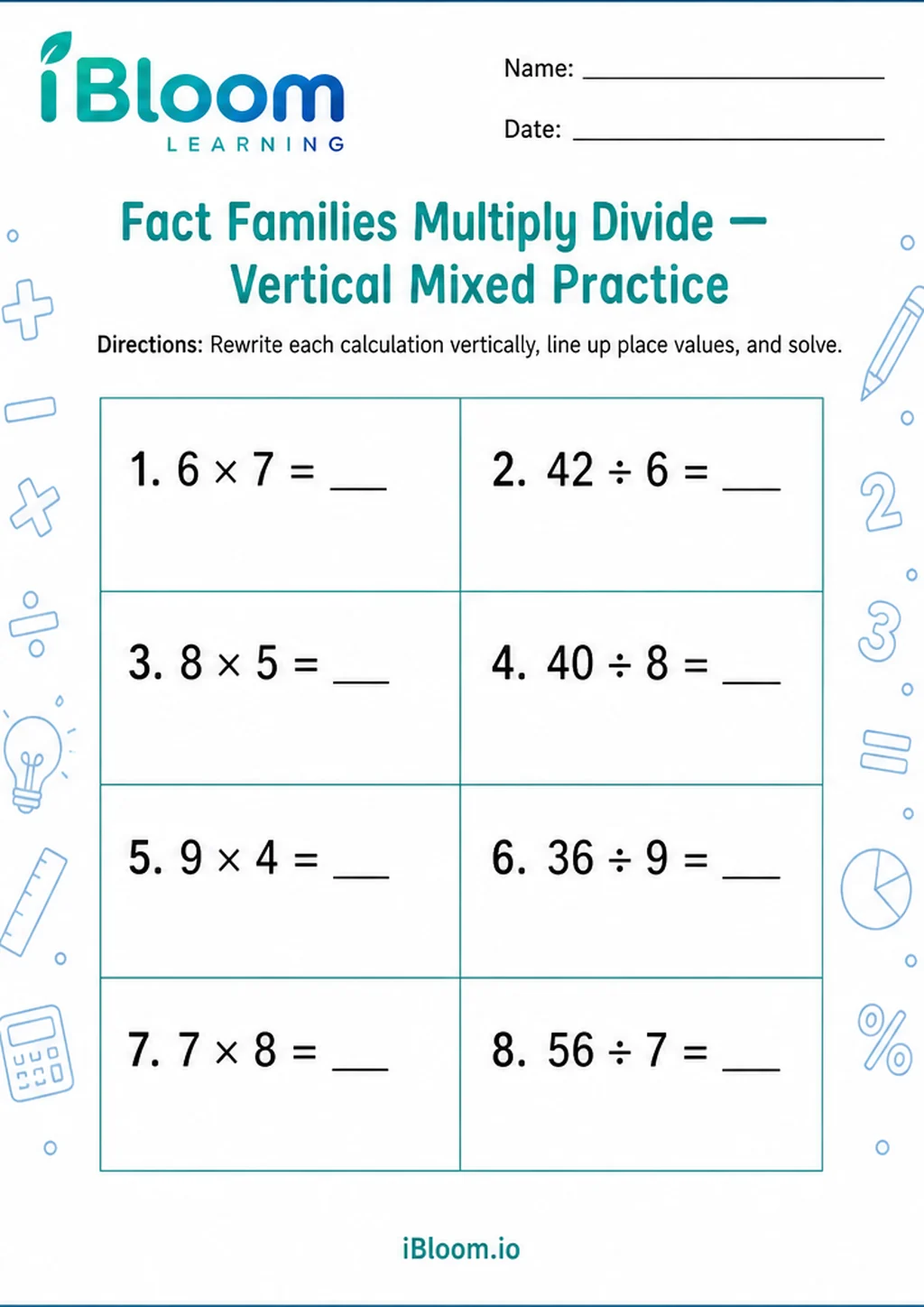 Preview page 1 of Fact Families Multiply Divide — Vertical Mixed Practice