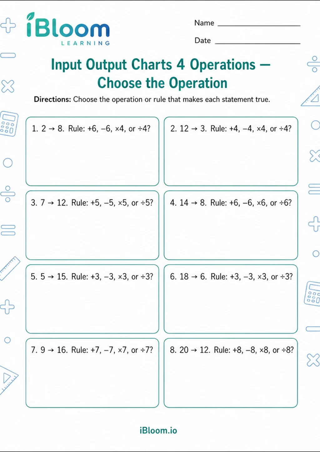Preview page 1 of Input Output Charts 4 Operations — Choose the Operation