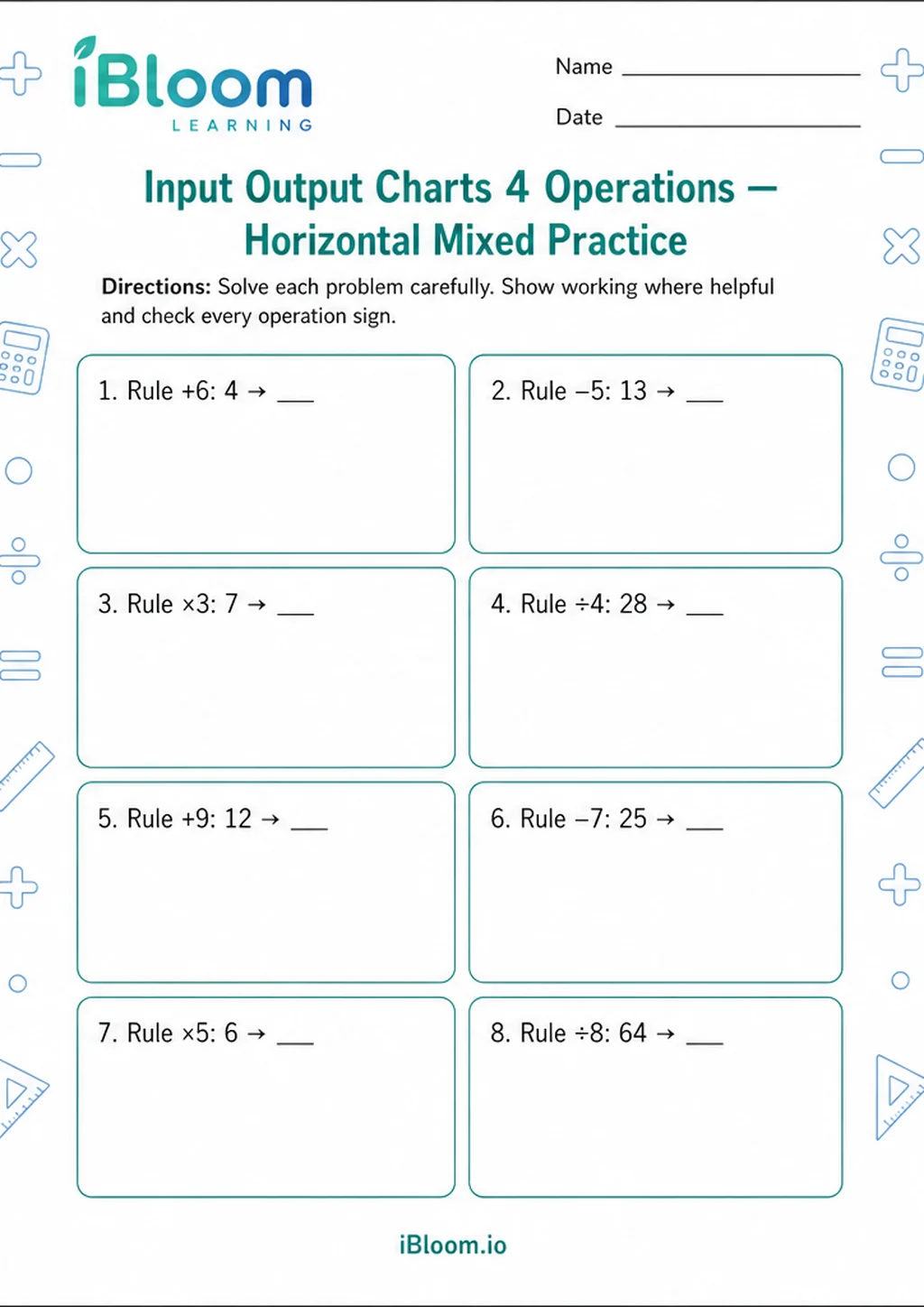 Preview page 1 of Input Output Charts 4 Operations — Horizontal Mixed Practice