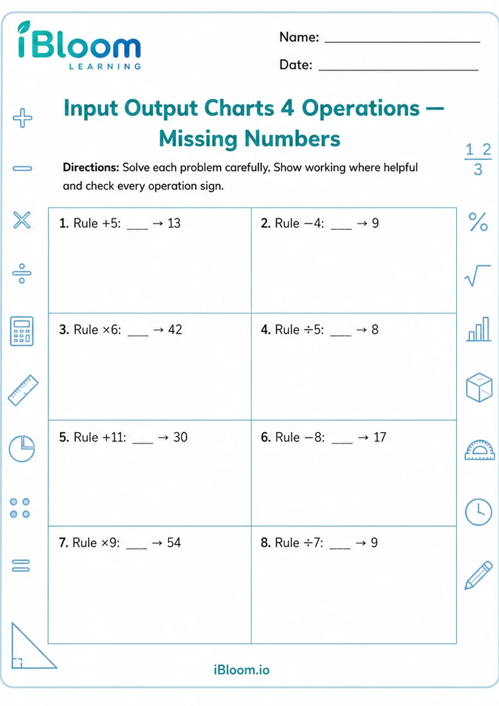 Preview of Input Output Charts 4 Operations — Missing Numbers worksheet