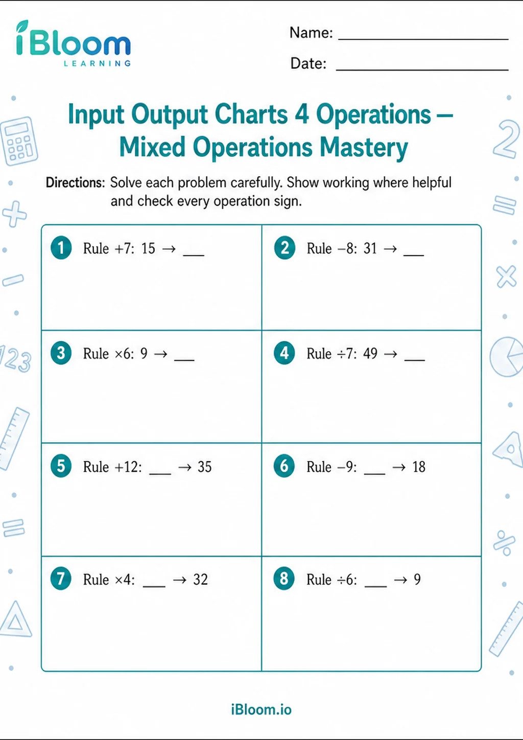 Preview page 1 of Input Output Charts 4 Operations — Mixed Operations Mastery