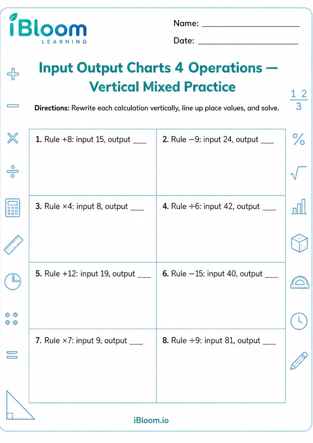 Preview page 1 of Input Output Charts 4 Operations — Vertical Mixed Practice