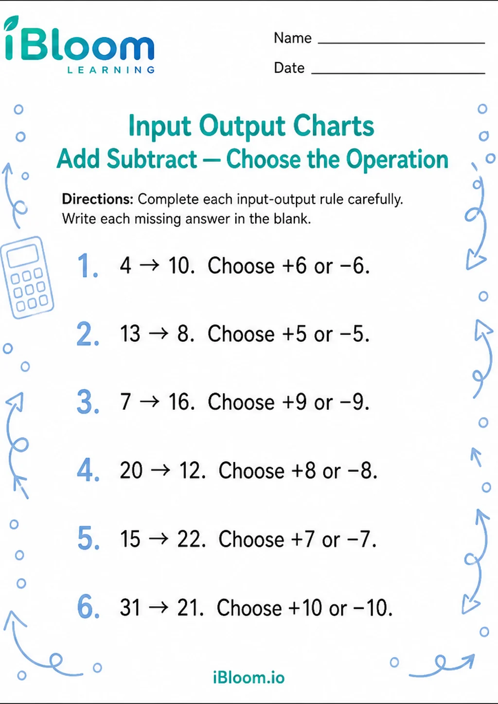 Input Output Charts Add Subtract — Choose the Operation printable Grade 3 worksheet preview