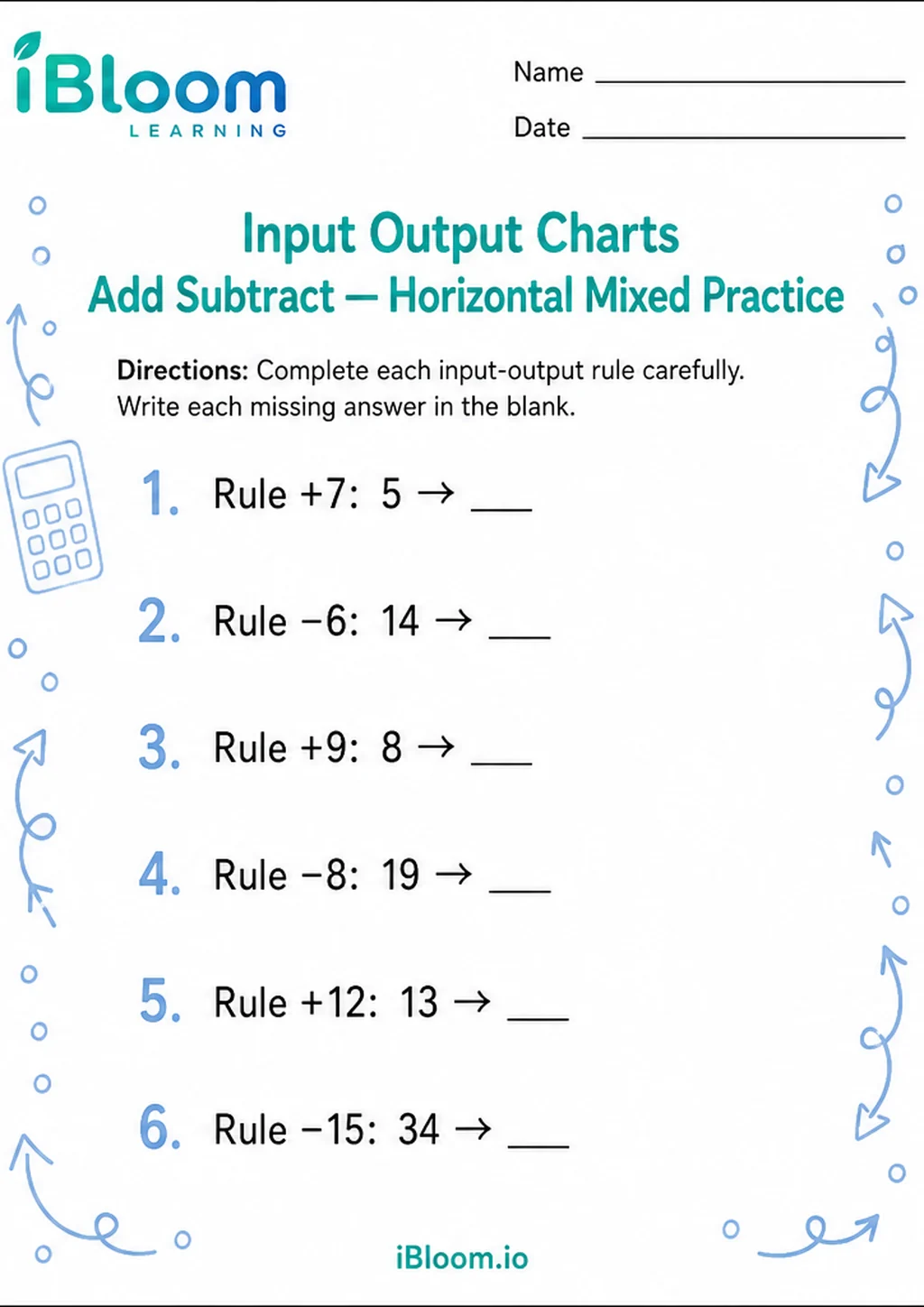 Preview of Input Output Charts Add Subtract — Horizontal Mixed Practice worksheet