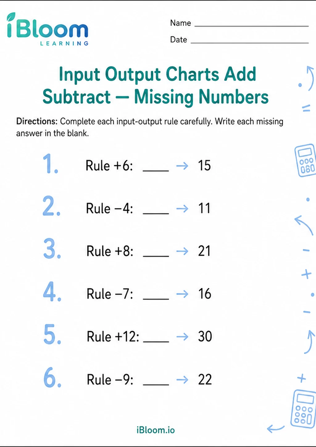 Preview of Input Output Charts Add Subtract — Missing Numbers worksheet