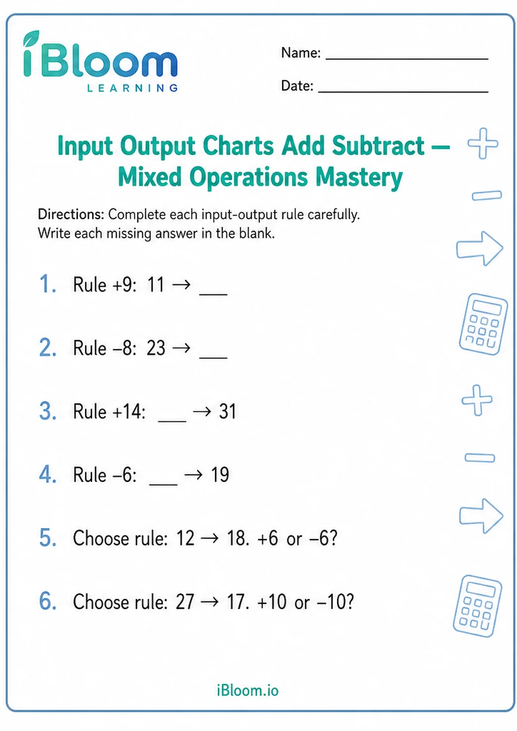 Preview of Input Output Charts Add Subtract — Mixed Operations Mastery worksheet