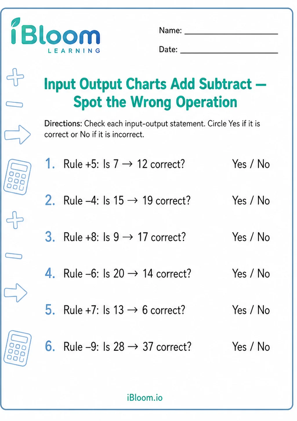 Preview of Input Output Charts Add Subtract — Spot the Wrong Operation worksheet