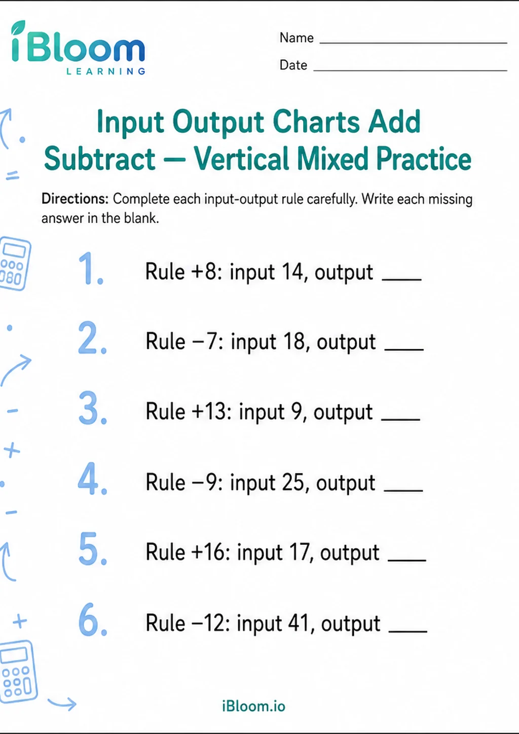 Preview of Input Output Charts Add Subtract — Vertical Mixed Practice worksheet