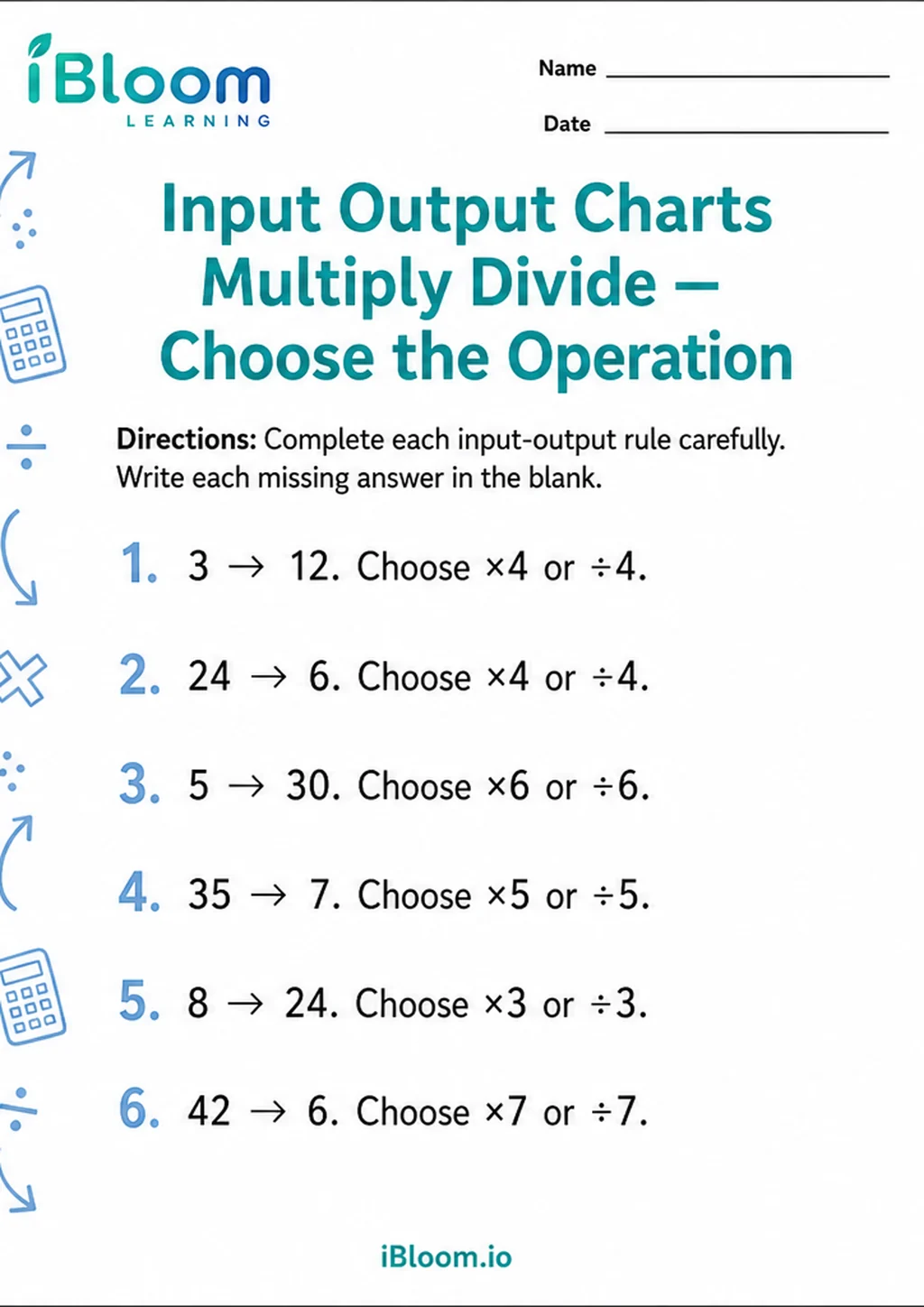 Preview page 1 of Input Output Charts Multiply Divide — Choose the Operation