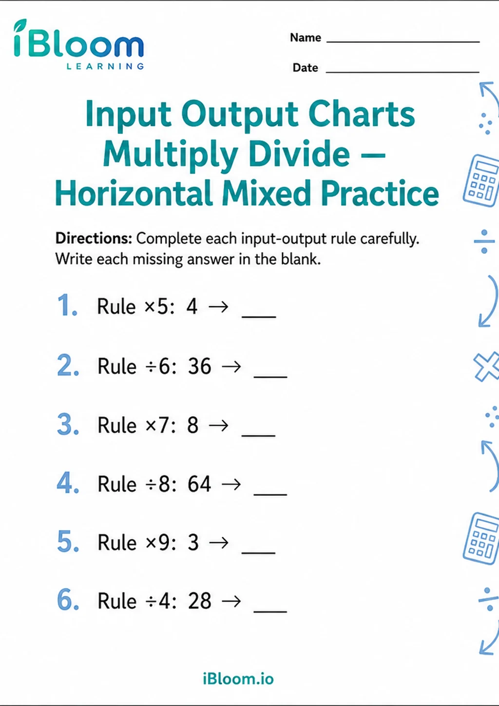 Preview page 1 of Input Output Charts Multiply Divide — Horizontal Mixed Practice