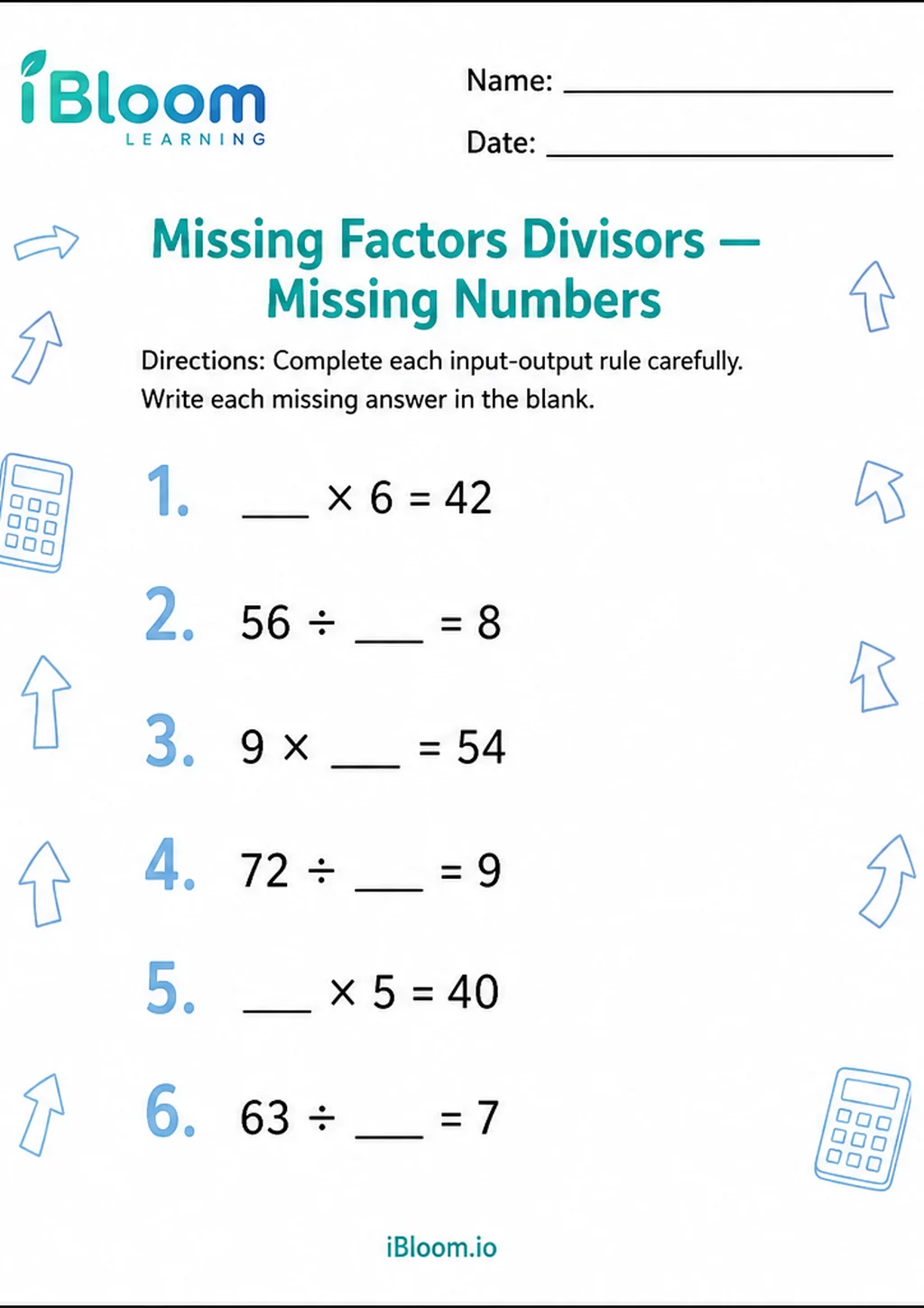 Preview page 1 of Missing Factors Divisors — Missing Numbers