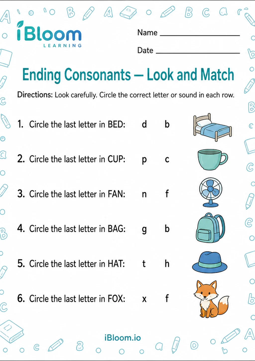 Preview page 1 of Ending Consonants — Look and Match