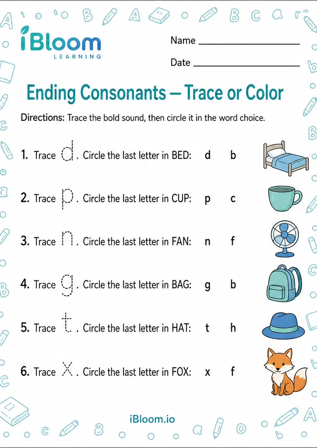 Preview of Ending Consonants — Trace or Color worksheet