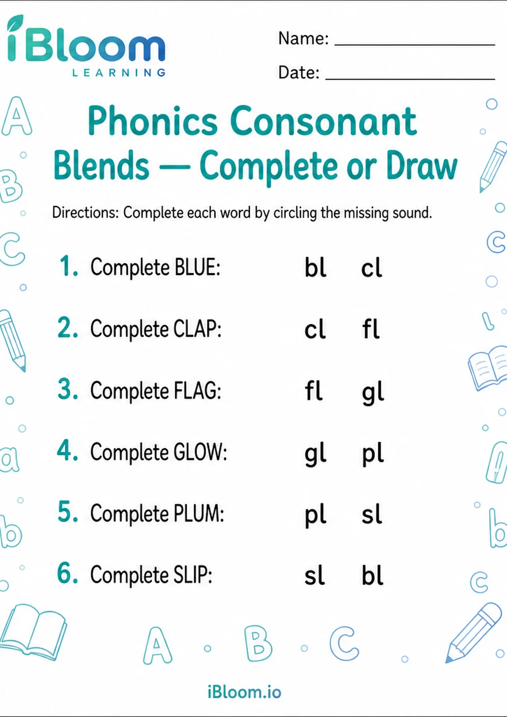 Preview page 1 of Phonics Consonant Blends — Complete or Draw