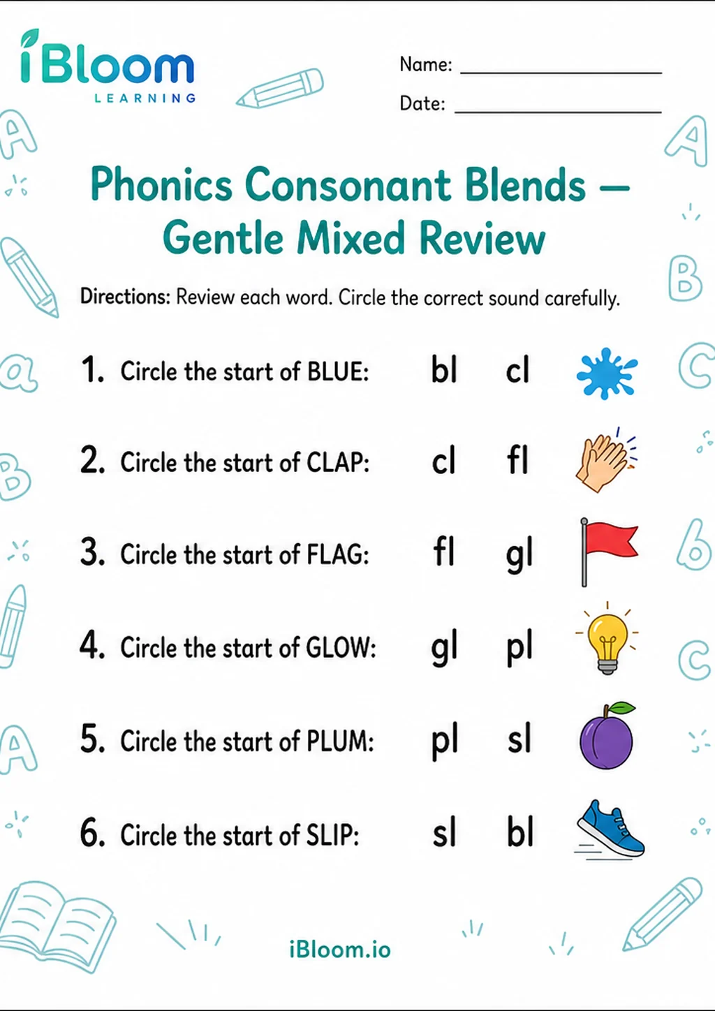 Preview page 1 of Phonics Consonant Blends — Gentle Mixed Review