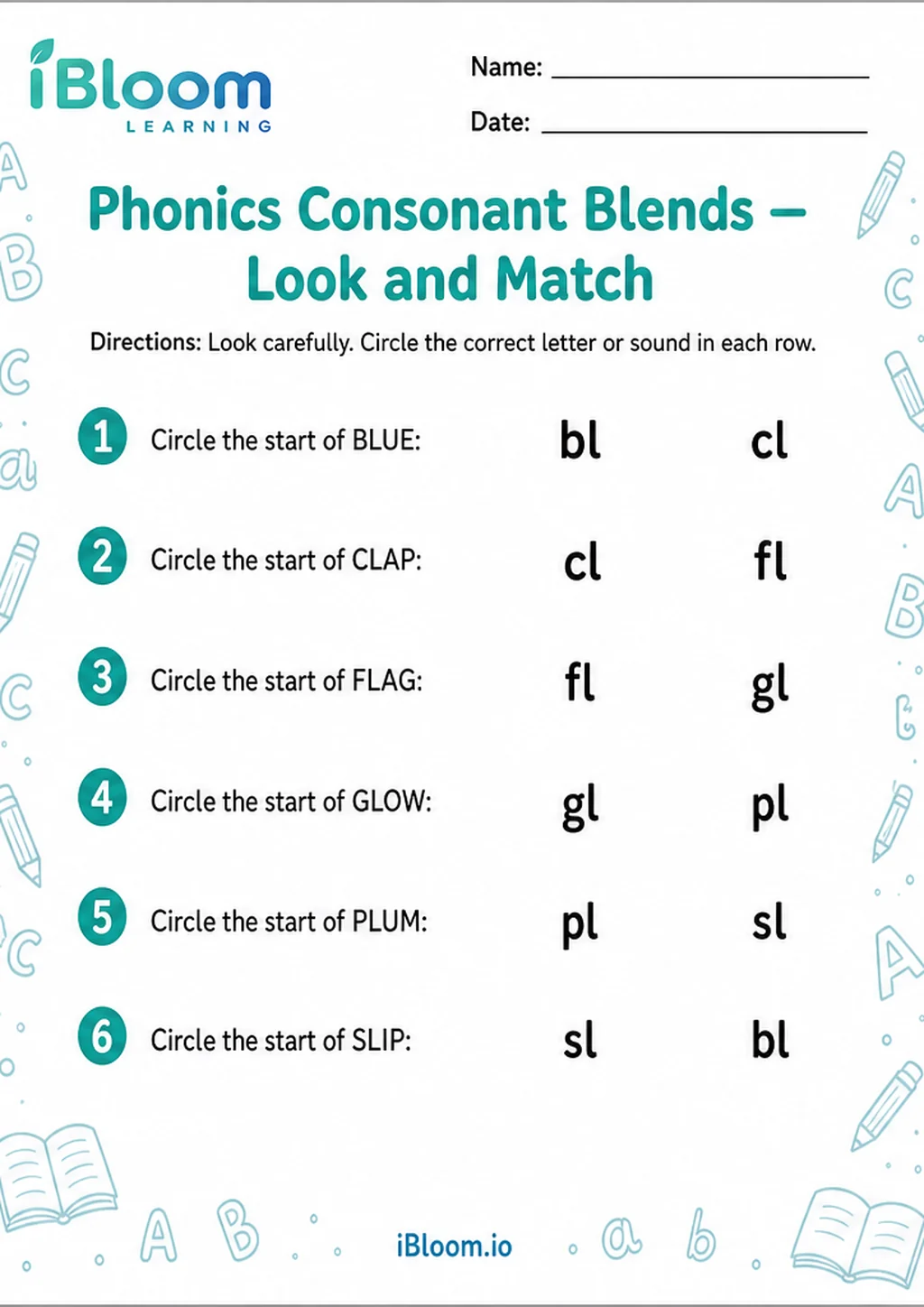 Preview page 1 of Phonics Consonant Blends — Look and Match