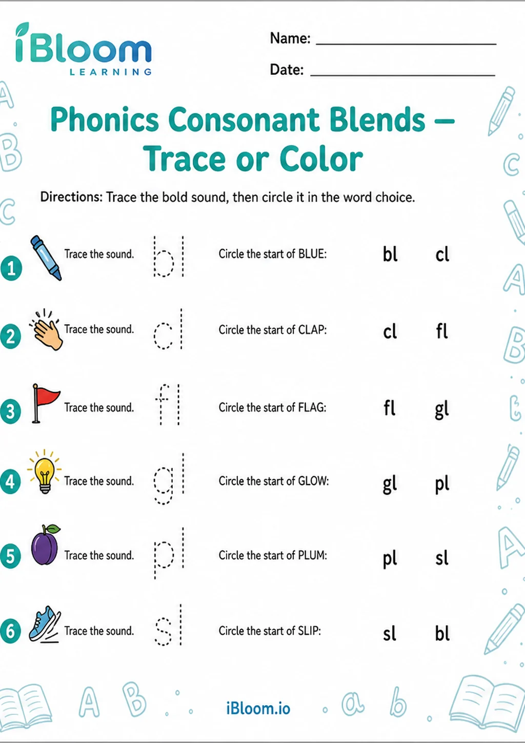 Preview of Phonics Consonant Blends — Trace or Color worksheet