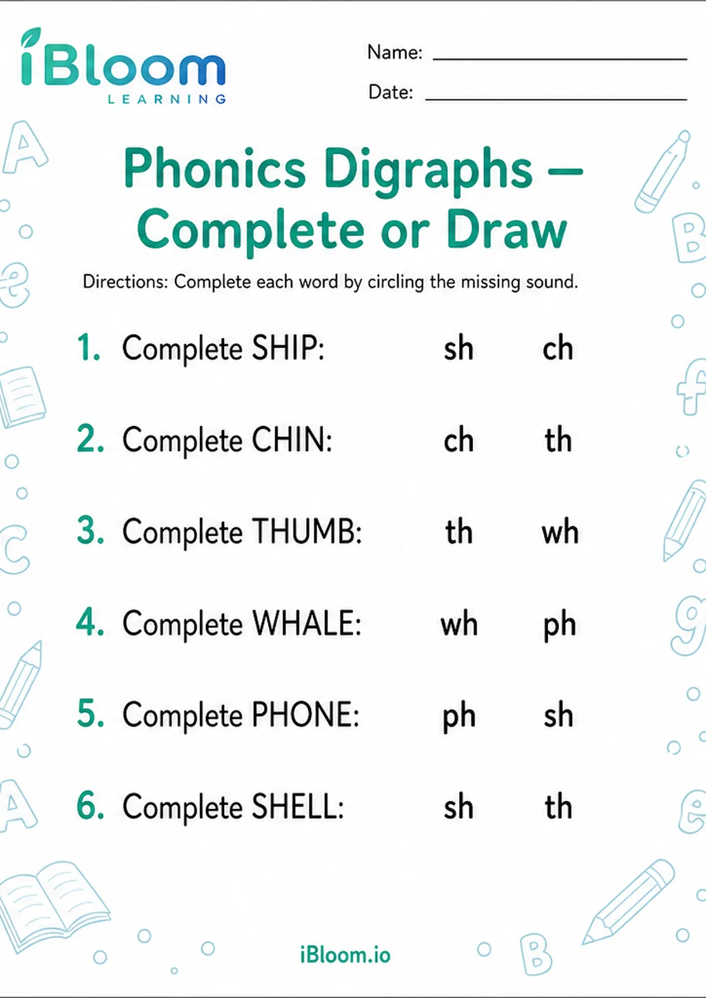 Preview page 1 of Phonics Digraphs — Complete or Draw