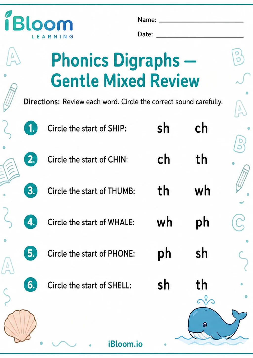 Preview of Phonics Digraphs — Gentle Mixed Review worksheet