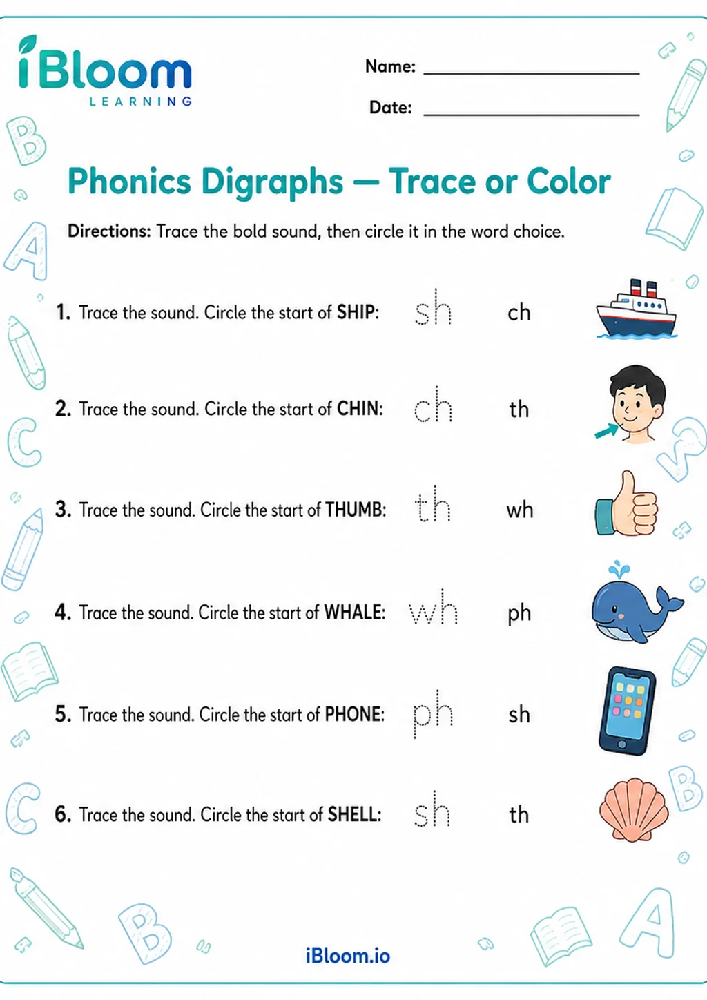 Preview of Phonics Digraphs — Trace or Color worksheet
