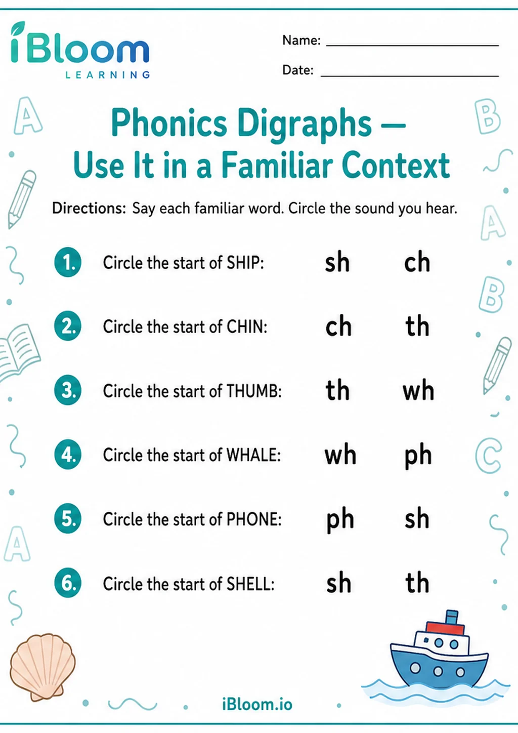 Preview page 1 of Phonics Digraphs — Use It in a Familiar Context