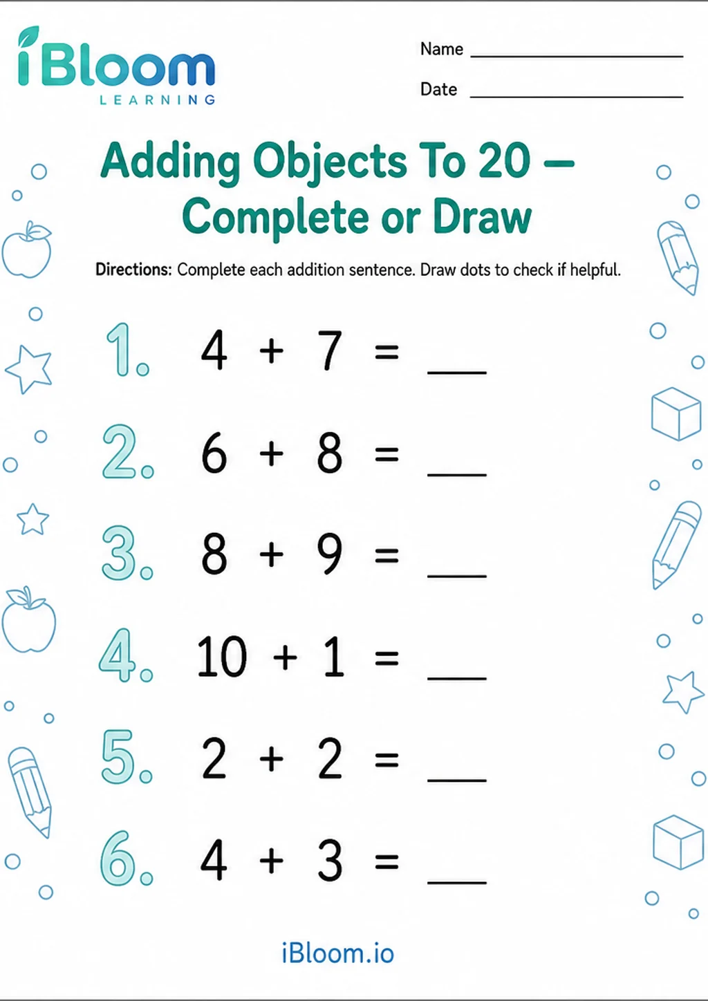 Preview page 1 of Adding Objects To 20 — Complete or Draw
