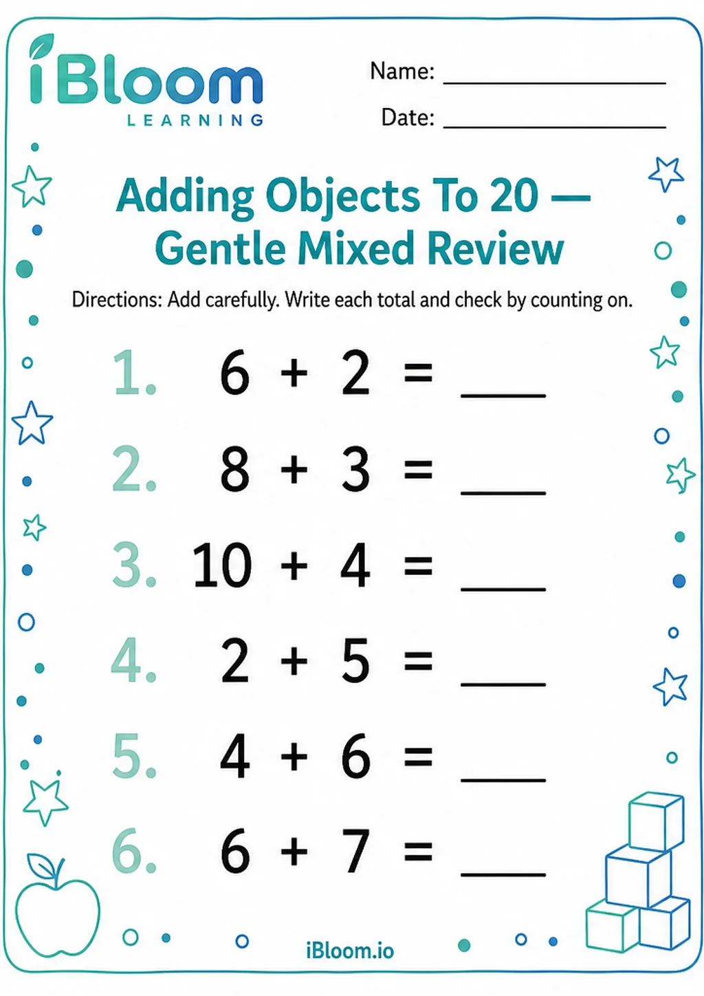 Preview page 1 of Adding Objects To 20 — Gentle Mixed Review