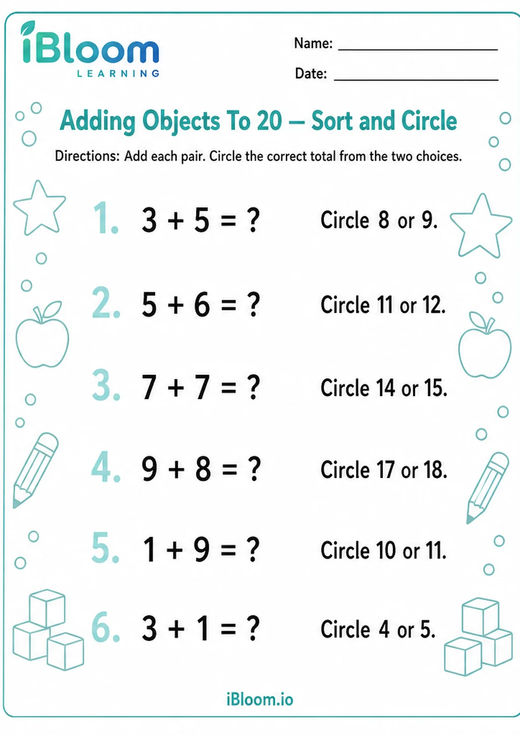 Preview of Adding Objects To 20 — Sort and Circle worksheet