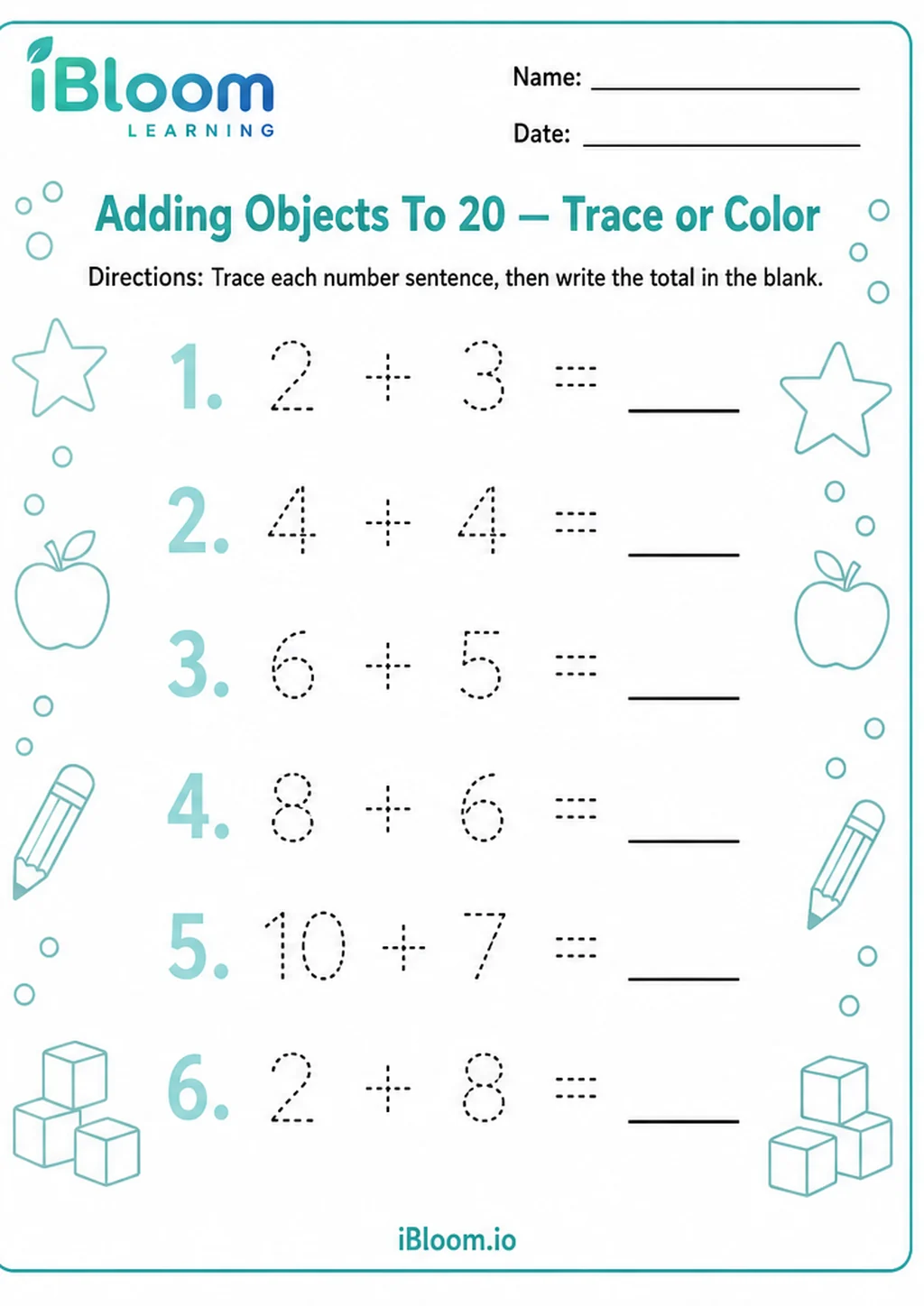 Adding Objects To 20 — Trace or Color printable Preschool worksheet preview