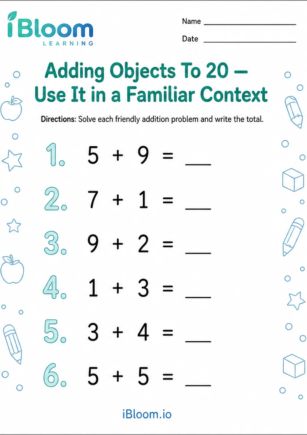 Preview page 1 of Adding Objects To 20 — Use It in a Familiar Context