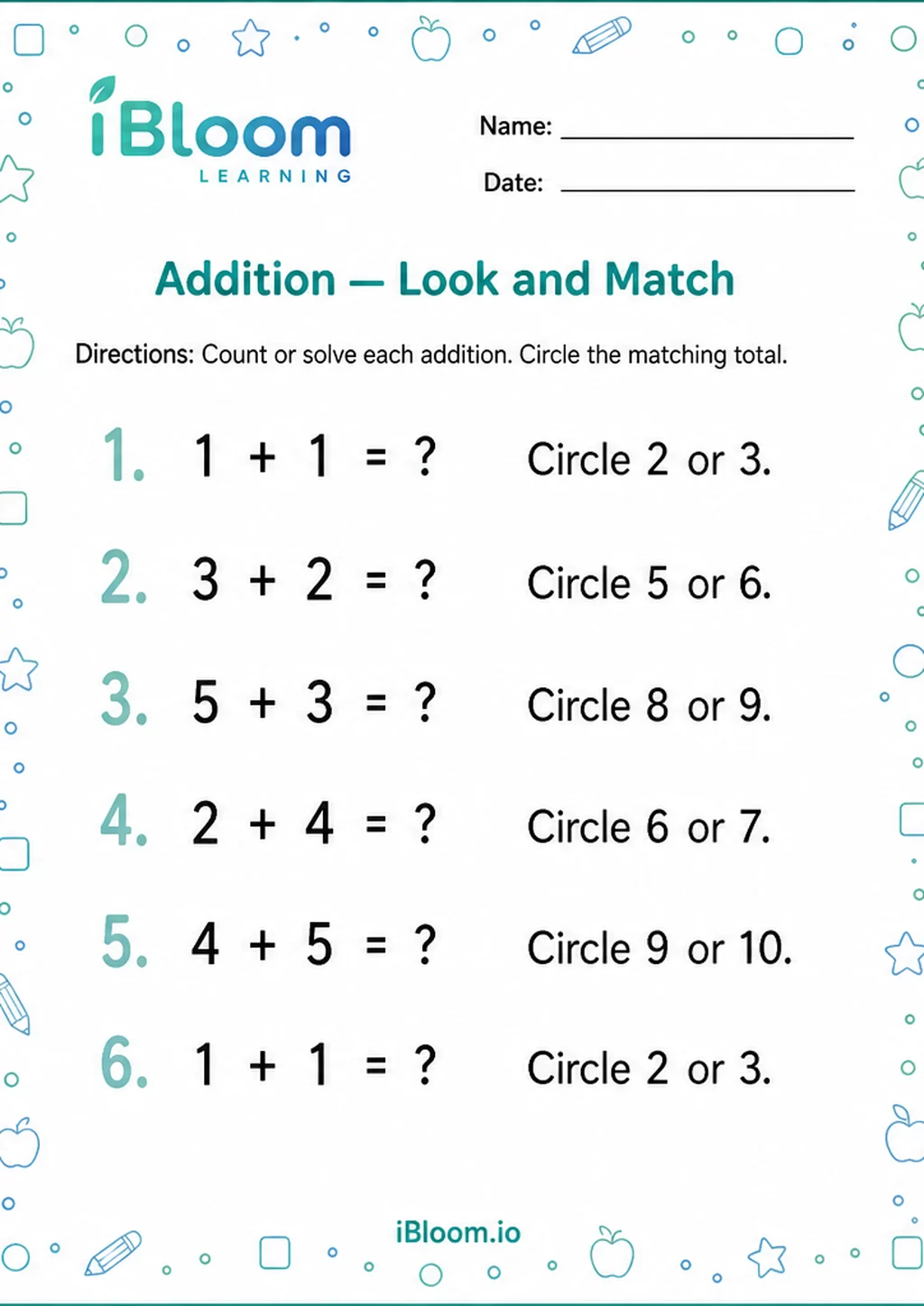 Preview page 1 of Addition — Look and Match