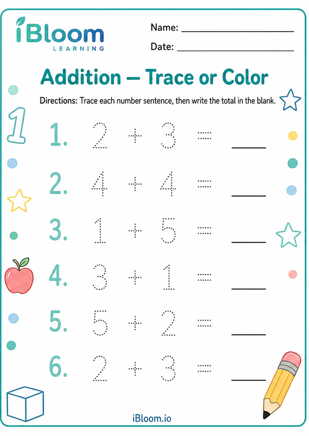Preview page 1 of Addition — Trace or Color