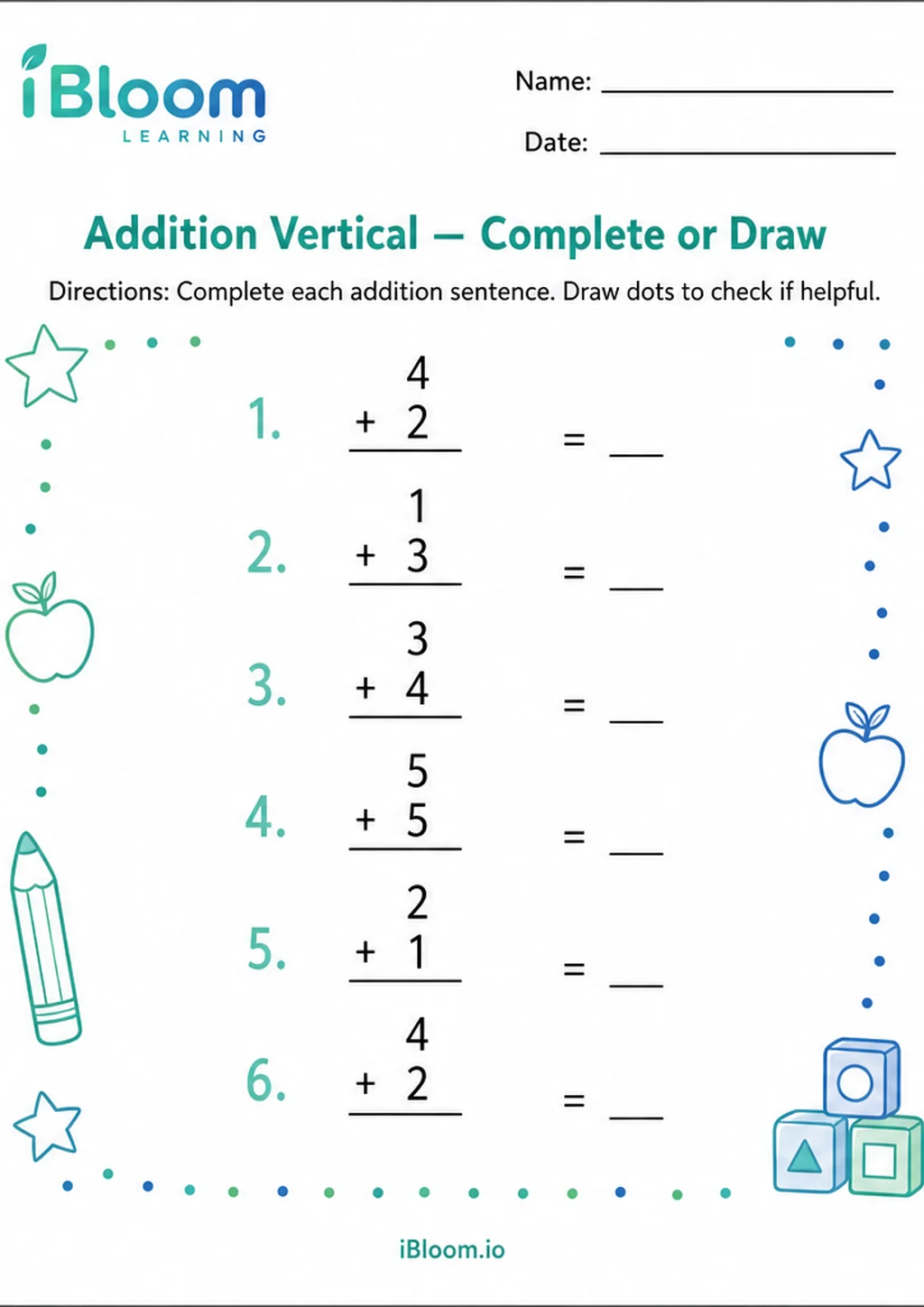 Preview of Addition Vertical — Complete or Draw worksheet