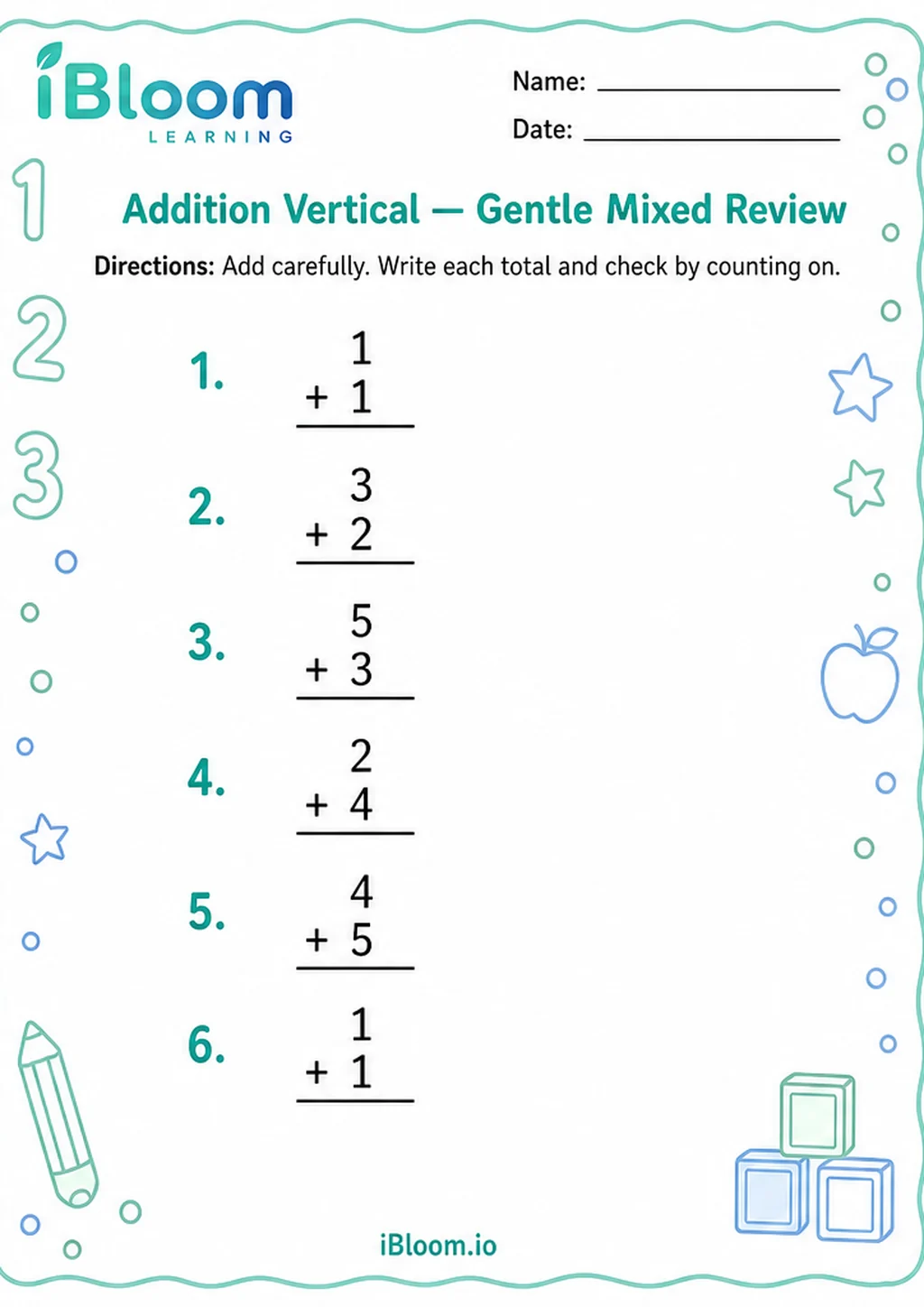Preview of Addition Vertical — Gentle Mixed Review worksheet