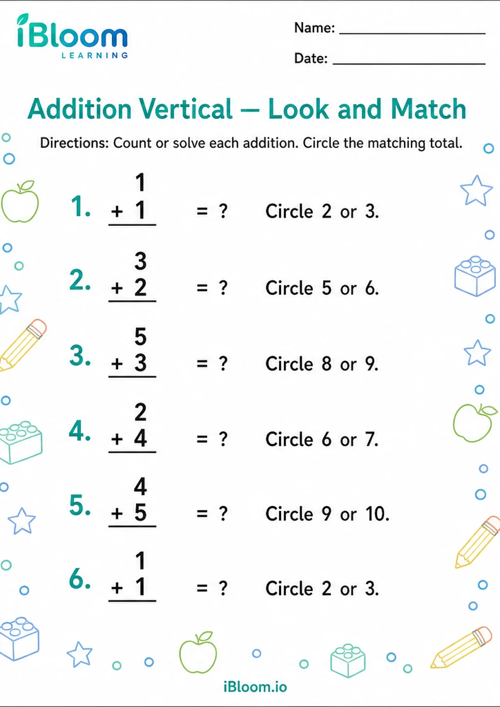 Preview page 1 of Addition Vertical — Look and Match