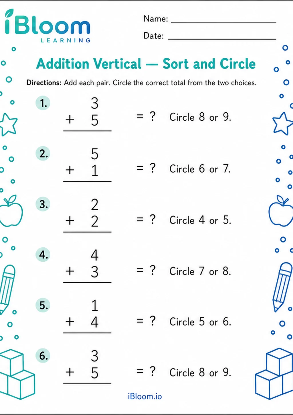 Preview of Addition Vertical — Sort and Circle worksheet