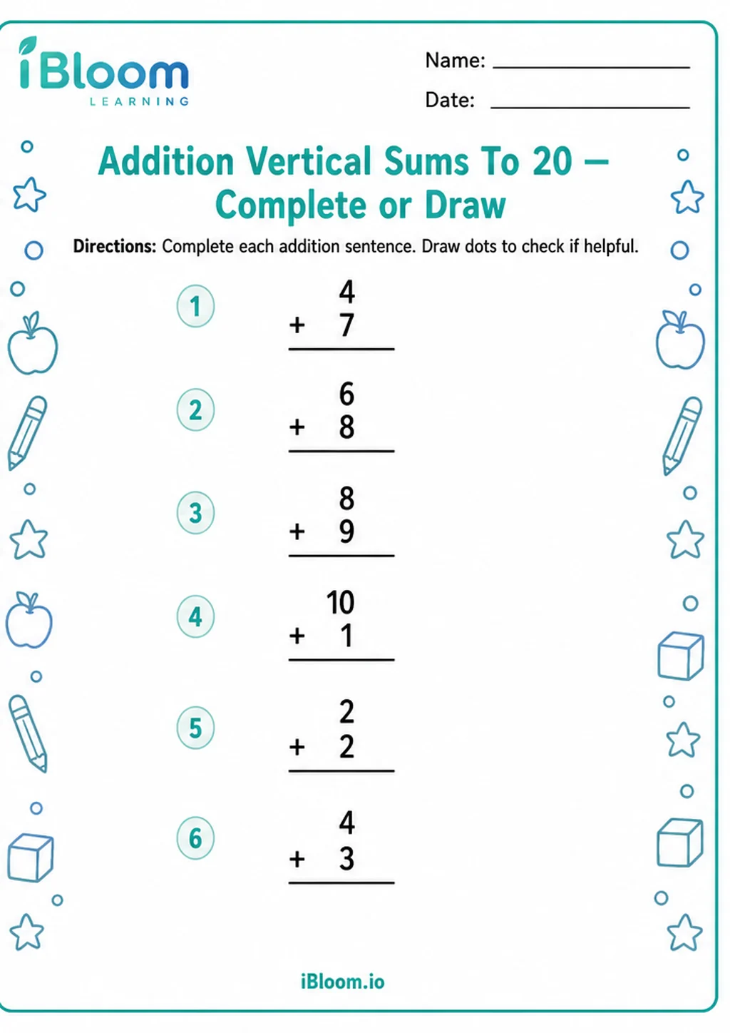 Preview page 1 of Addition Vertical Sums To 20 — Complete or Draw