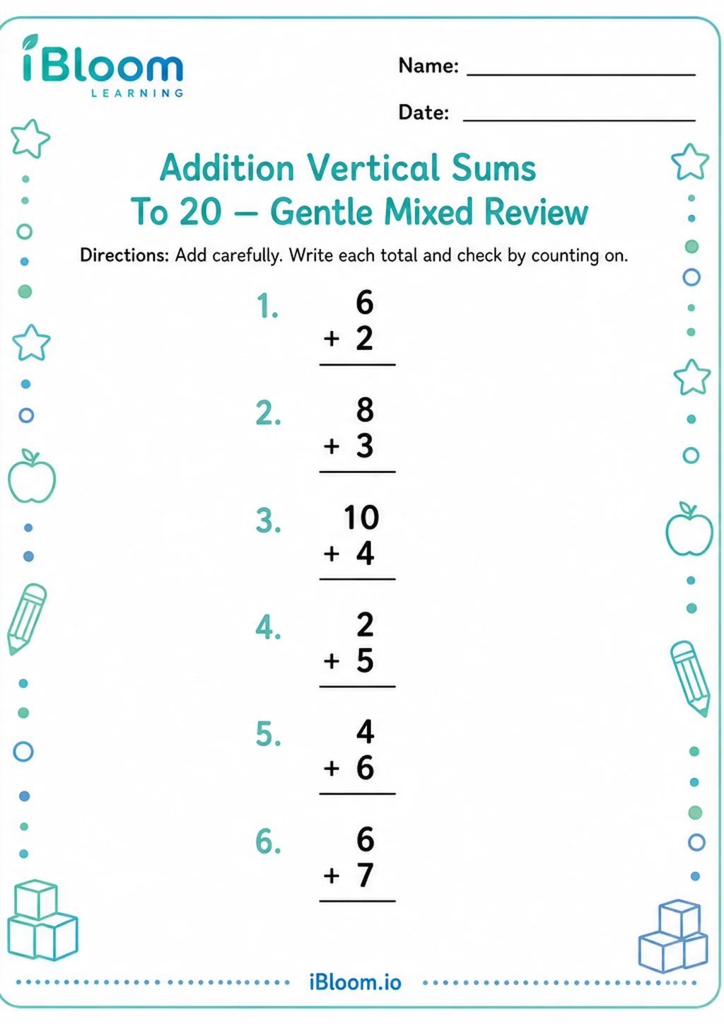 Preview of Addition Vertical Sums To 20 — Gentle Mixed Review worksheet