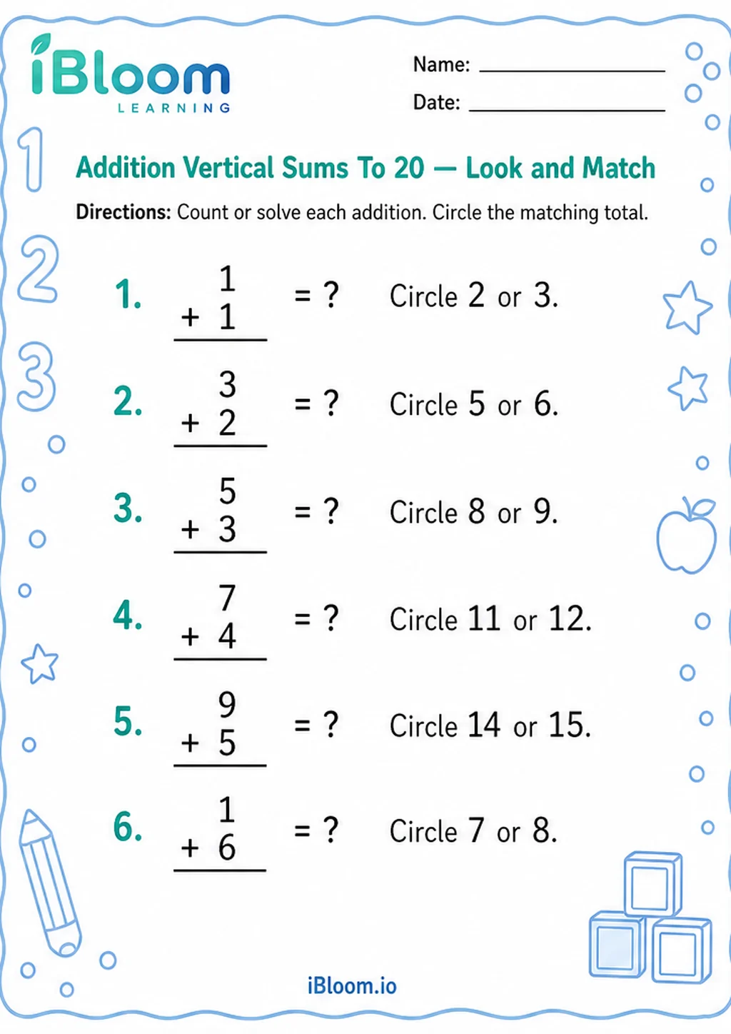 Preview page 1 of Addition Vertical Sums To 20 — Look and Match