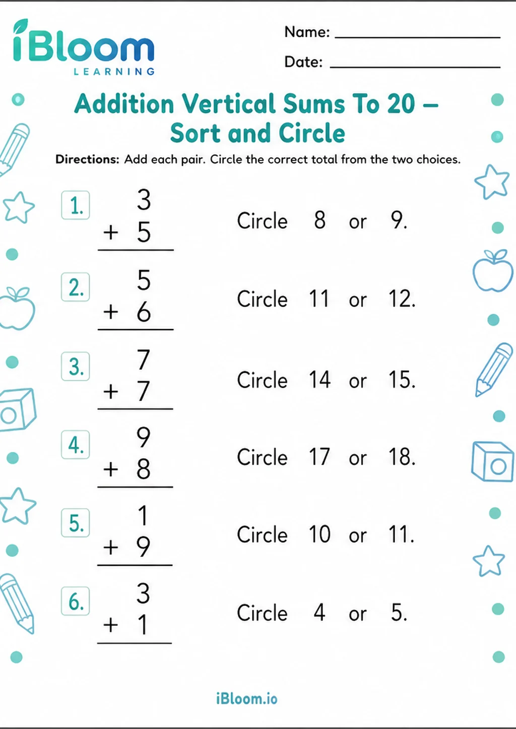 Preview page 1 of Addition Vertical Sums To 20 — Sort and Circle