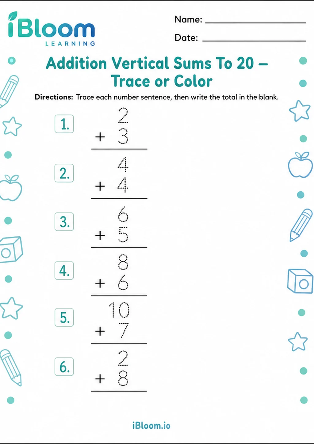 Preview page 1 of Addition Vertical Sums To 20 — Trace or Color