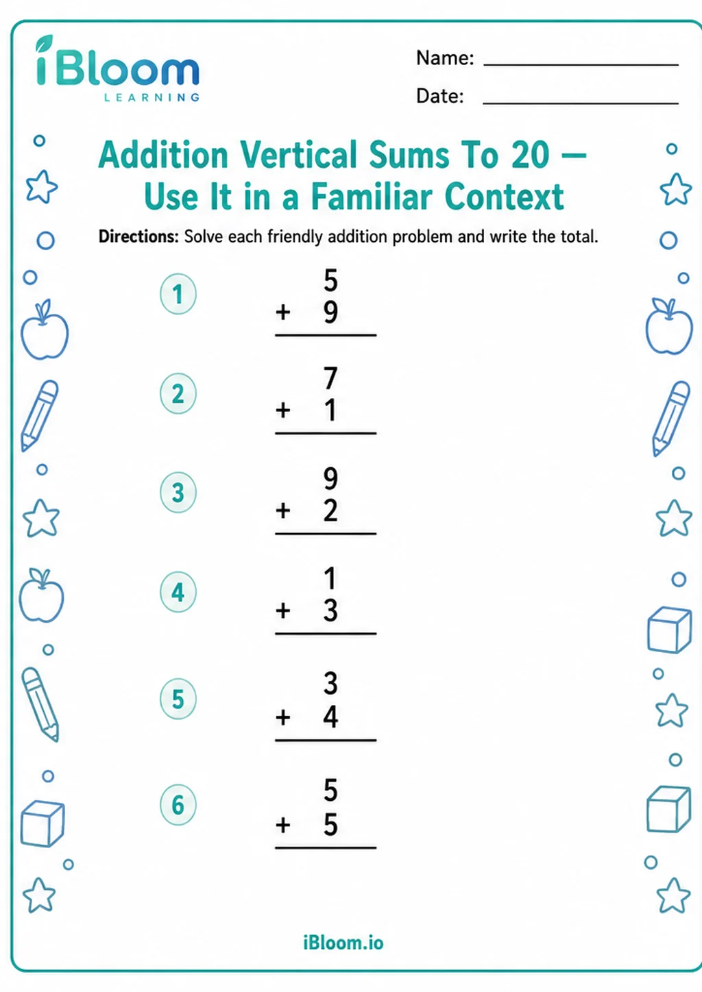 Preview of Addition Vertical Sums To 20 — Use It in a Familiar Context worksheet