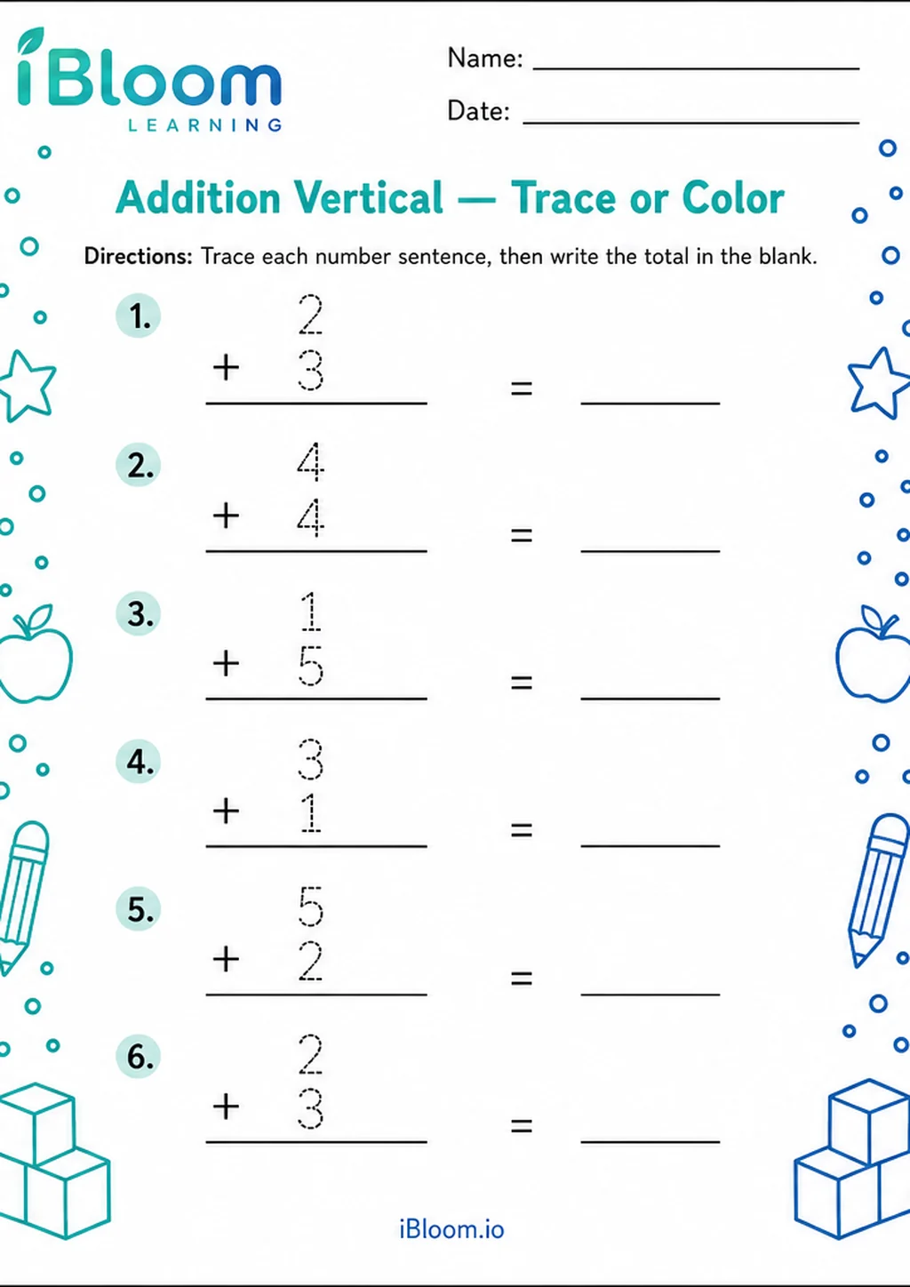 Preview page 1 of Addition Vertical — Trace or Color